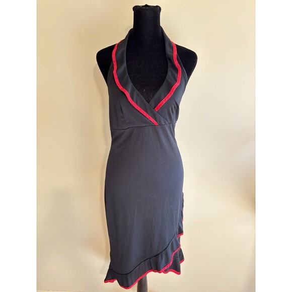 RUBY ROX Vntg Y2K Black Red Ruffle Flamenco Asymmetrical Hem Halter Dress Jr L - Picture 2 of 8